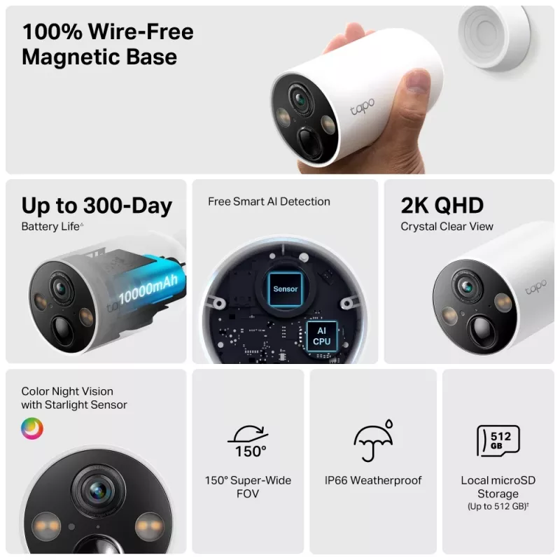 TP-Link Tapo Smart Wire-Free drošības kamera, IP drošības kamera, Ārā, Bezvadu, Pie griestiem/sienas, Balta, Lodes formas