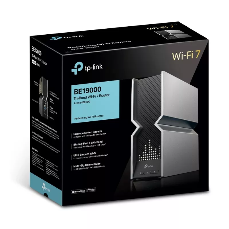 TP-Link Archer BE19000 Tri-Band Wi-Fi 7 maršrutētājs, Wi-Fi 7 (802.11be), Tri-band (2.4 GHz / 5 GHz / 6 GHz), Ethernet LAN, Melns, Nerūsējošais tērauds, Galda maršrutētājs
