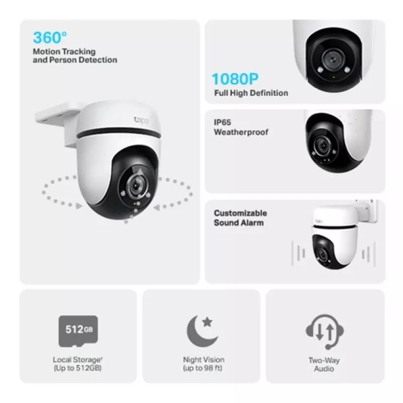 TP-Link Tapo āra pagriežamā/noliecamā drošības WiFi kamera, IP drošības kamera, iekštelpām un āra, bezvadu, Amazon Alexa un Google Assistant, iekšējā, CE, FCC, RoHS, RCM