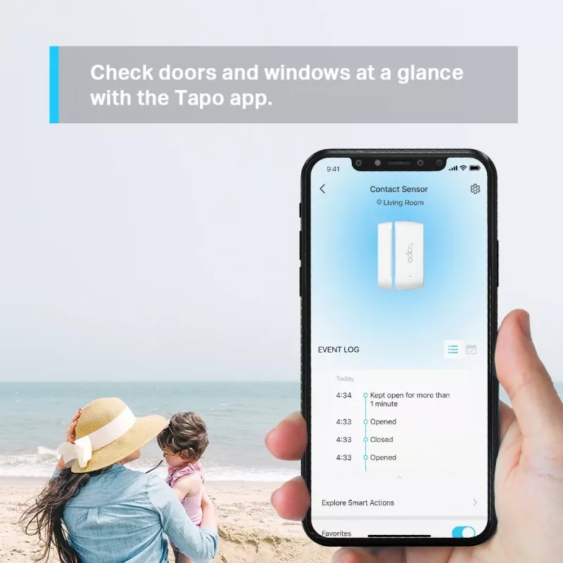 TP-Link Tapo Smart Contact Sensor, bezvadu, balts, 922 MHz, durvīm/logam, 0 - 40 °C, CR2032
