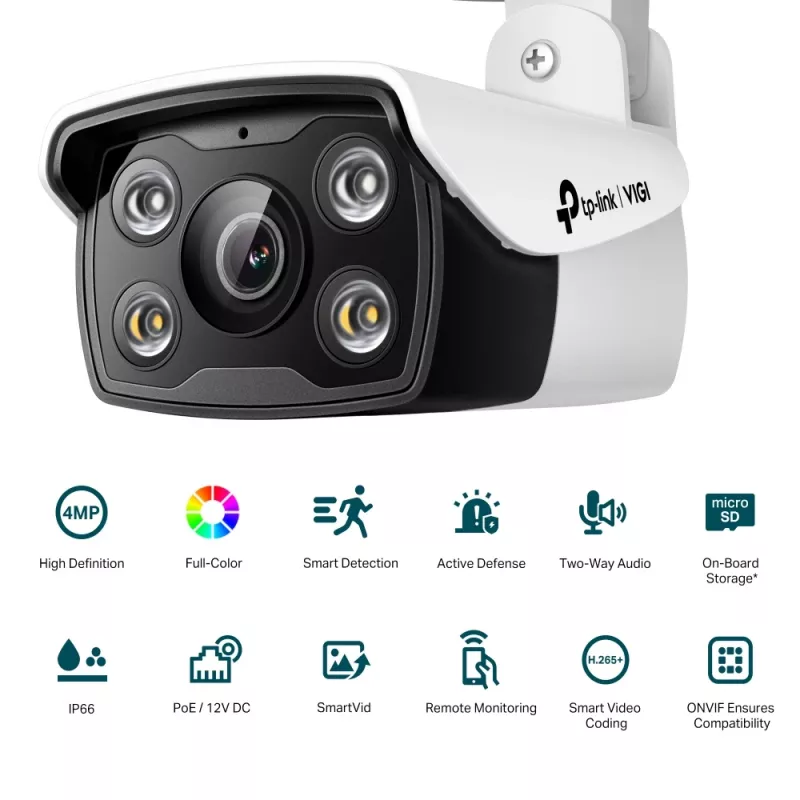TP-Link VIGI 4MP āra pilnkrāsu ložu tīkla kamera, IP drošības kamera, āra, vadu, griestu/sienas/staba, melna, balta, ložu