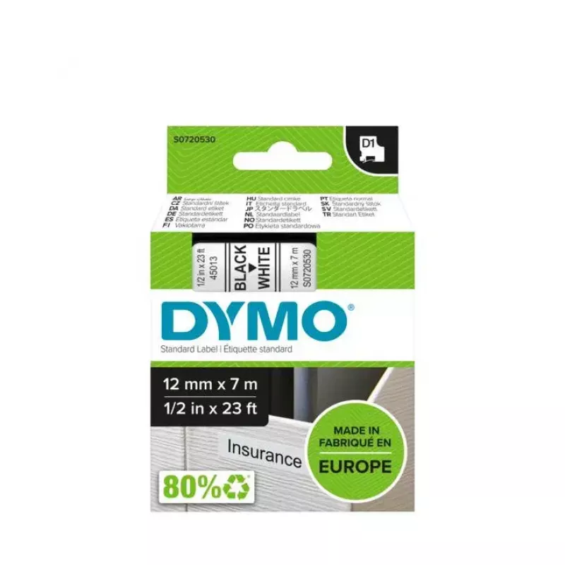 DYMO Autentiskās D1 uzlīmes | Melna druka uz baltas lentes | 12 mm x 7 m | Pašlīmējošās uzlīmes LabelManager uzlīmju printeriem | Ražots Eiropā