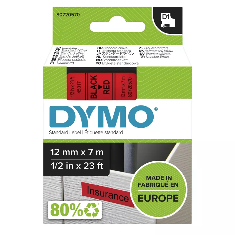 DYMO Autentiskās D1 etiķetes | Melns drukājums uz sarkanas lentes | 12 mm x 7 m | Pašlīmējošās etiķetes LabelManager etiķešu printeriem | Ražots Eiropā