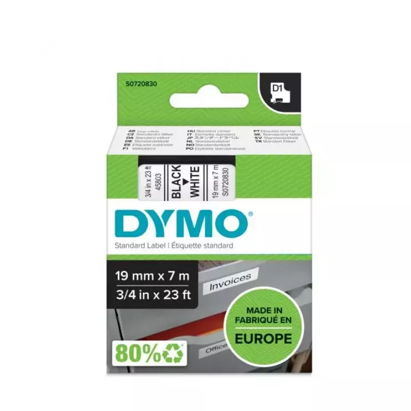 DYMO Authentic D1 etiķetes | Melns drukas uz balta lentes | 19 mm x 7 m | Pašlīmējošas etiķetes LabelManager etiķešu printeriem | Izgatavots Eiropā