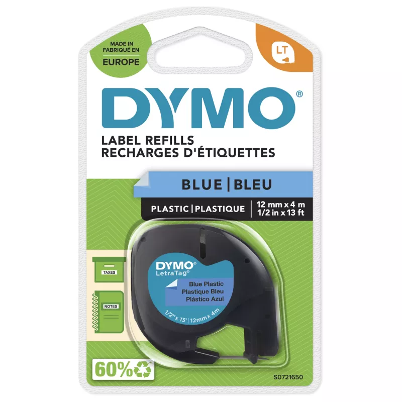 DYMO zīmola LetraTag plastmasas etiķetes | 12 mm x 4 m ruļļi | Melns drukāts uz zila fona | Daudzfunkcionālas pašlīmējošās etiķetes LetraTag etiķešu printeriem