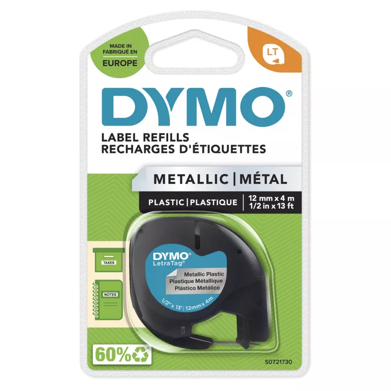 DYMO LetraTag Metāla etiķetes | Oriģinālas | Melns uz metāla sudraba | 12mm x 4m | Pašlīmējošas daudzfunkcionālas etiķetes LetraTag etiķešu printeriem