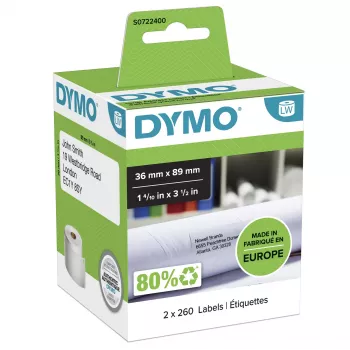 DYMO Autentiskas LabelWriter lielās adrešu uzlīmes | 36 mm x 89 mm | Pašlīmējošas | 2 ruļļi pa 260 (520 viegli nolobāmas uzlīmes) | paredzētas LabelWriter uzlīmju printeriem | Ražots Eiropā