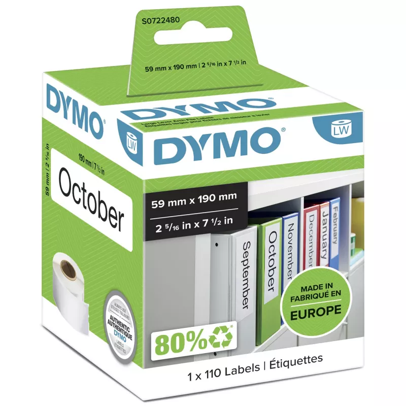 DYMO Autentiskas LabelWriter sviras arhīvu mapīšu uzlīmes | 59 mm x 190 mm | Pašlīmējošas | 110 viegli nolobāmu uzlīmju rullis | paredzētas LabelWriter uzlīmju printeriem | Ražots Eiropā