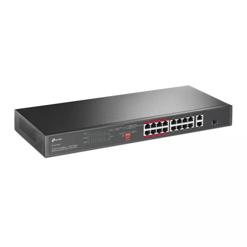 TP-Link 16 portu 10/100 Mbps + 2 portu Gigabit Rackmount PoE slēdzis ar 16 portu PoE+