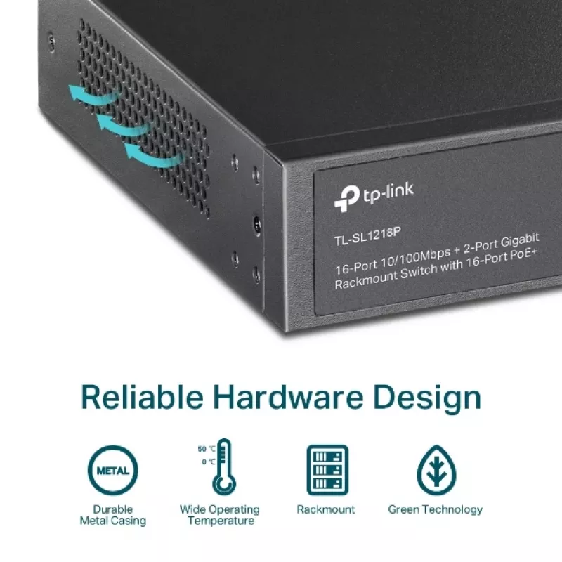 TP-Link 16 portu 10/100 Mbps + 2 portu Gigabit Rackmount PoE slēdzis ar 16 portu PoE+