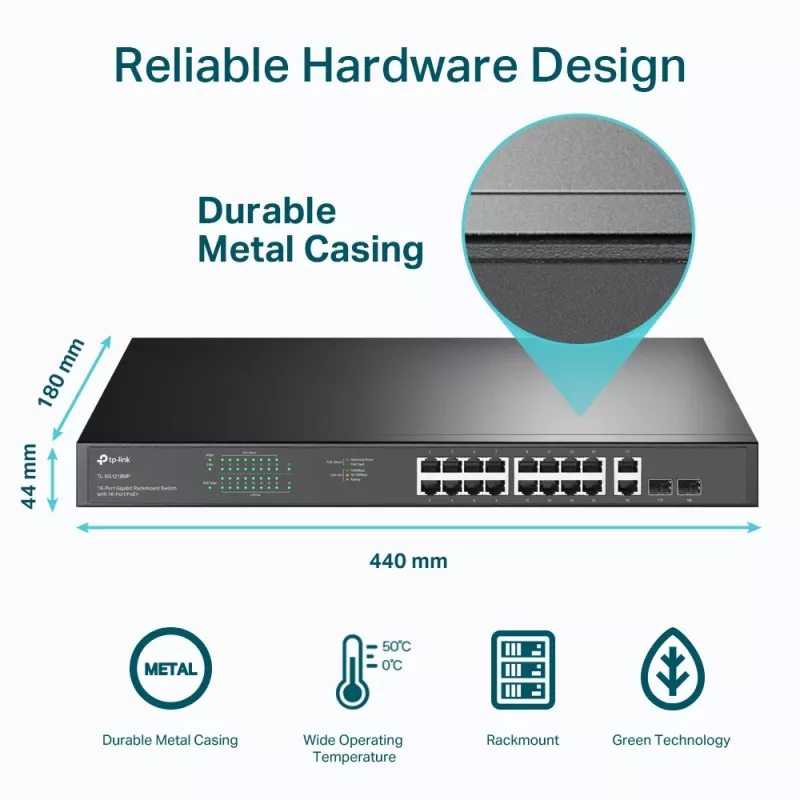 TP-Link 18 portu Gigabit statīva slēdzis ar 16 PoE+, nepārvaldāms, Gigabit Ethernet (10/100/1000), pilns duplekss, Power over Ethernet (PoE), statīva montāža, 1U