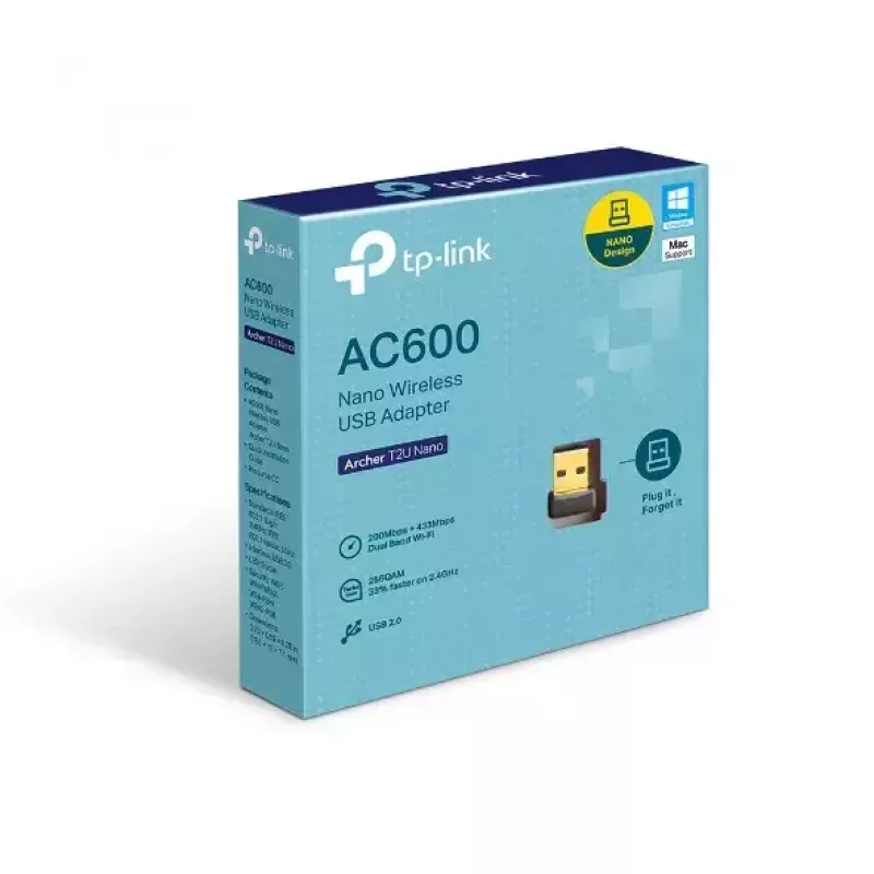TP-Link Nano AC600 USB WiFi adapteris (Archer T2U Nano) – divu joslu (2,4 GHz/5 GHz) bezvadu tīkla uztvērējs