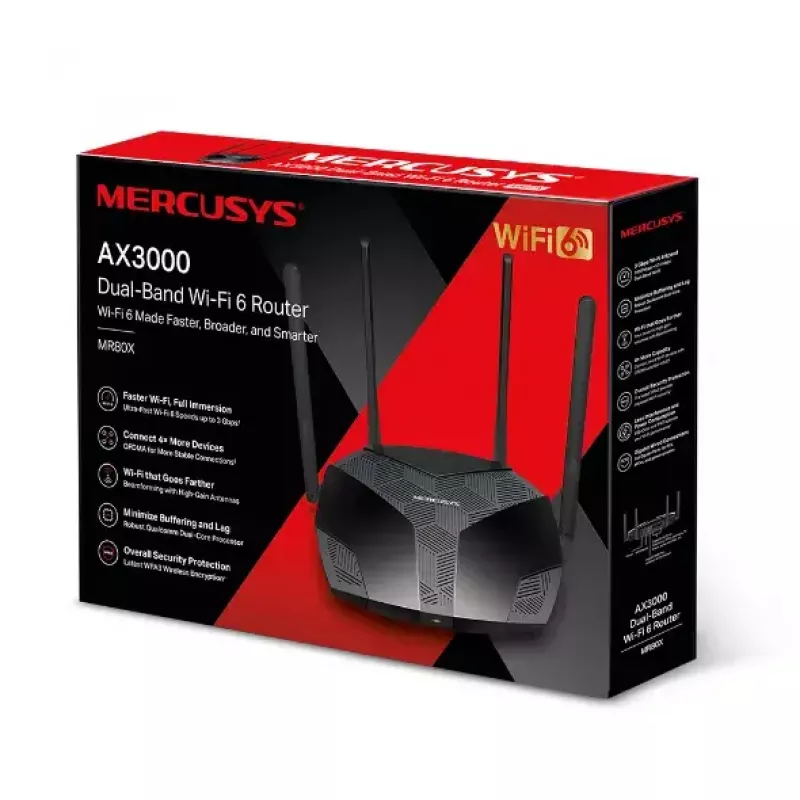 Galda maršrutētājs MERCUSYS MR80X — Divjoslu Wi‑Fi 6 (802.11ax), 3000 Mbps, 4 ārējās antenas, 3 Gigabit LAN porti