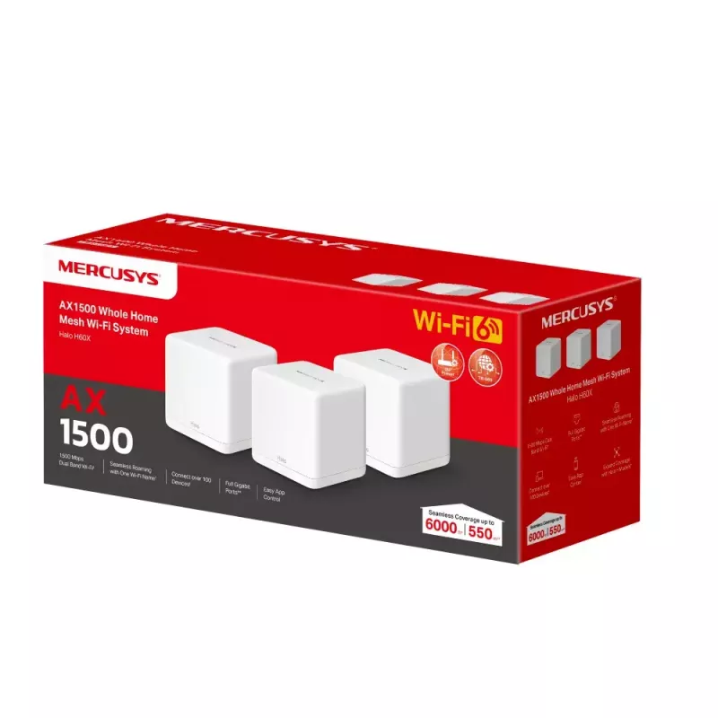 Mesh sistēma MERCUSYS Halo H60X (3 komplektā) — Divjoslu Wi‑Fi 6, līdz 1500 Mbps, pārklājums 550 m², 2× LAN porti