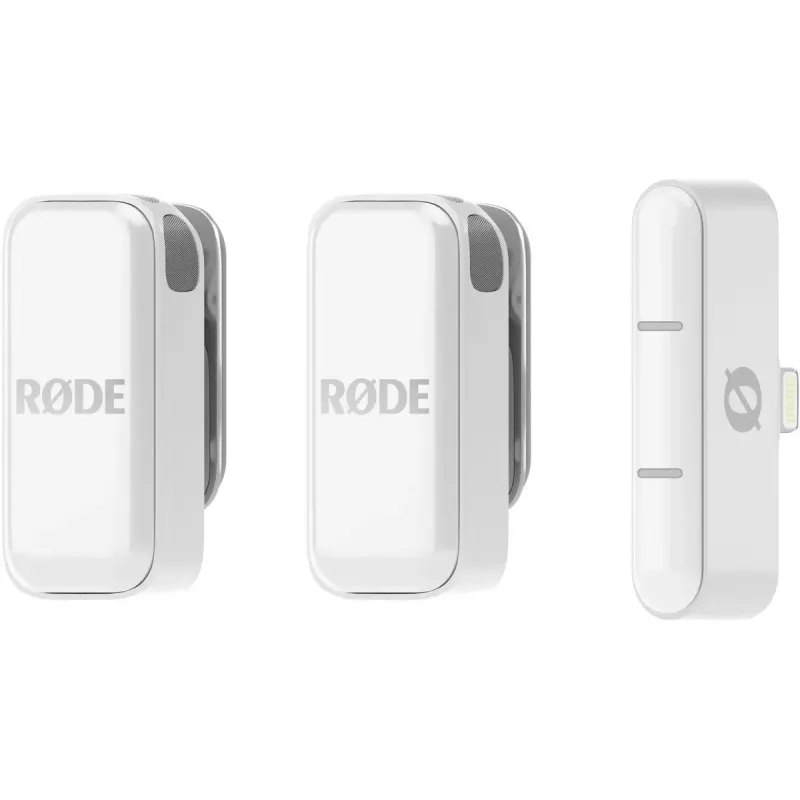 Bezvadu mikrofonu sistēma Rode Wireless Micro Lightning — visapkārtvirziena, 48 kHz/24 bitu, 7 stundu akumulators, 100 m diapazons, balta
