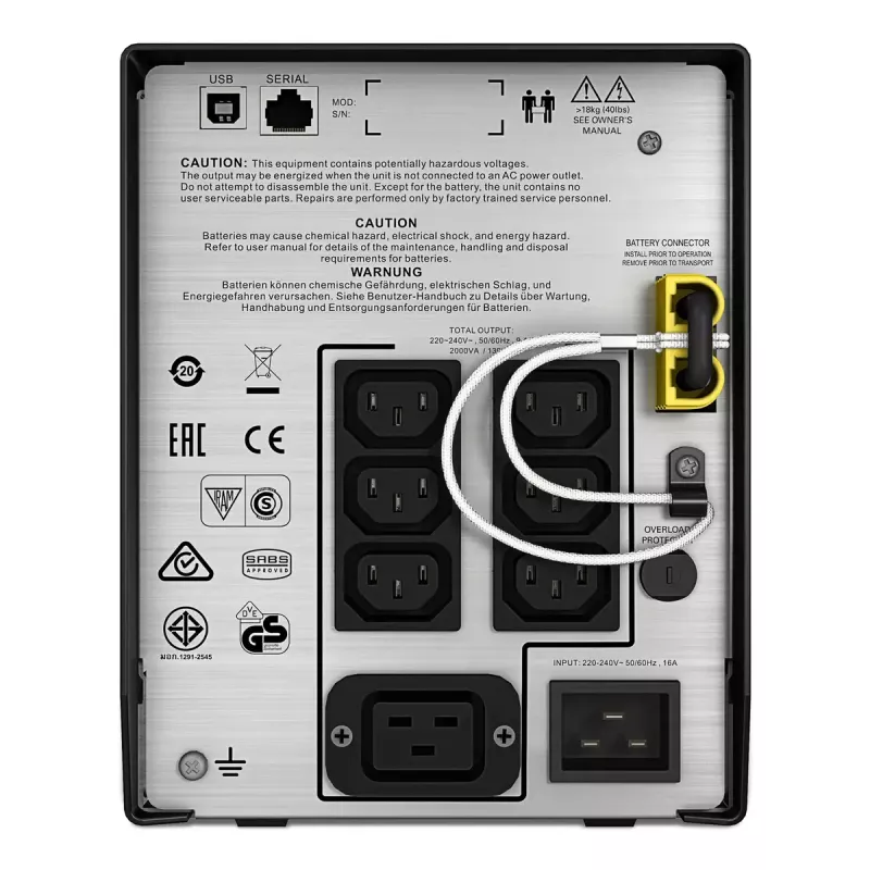 APC Smart-UPS C, Line Interactive, 2000VA, Tornis, 230V, 6x IEC C13+1x IEC C19 kontaktligzdas, USB un seriālais savienojums, AVR, grafiskais LCD
