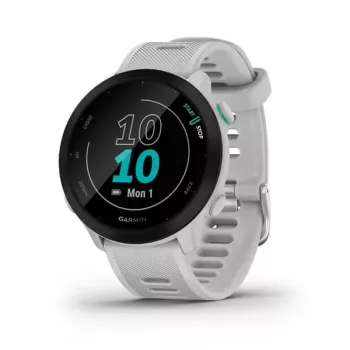 Viedpulkstenis GARMIN Forerunner 55 — 42 mm apaļš sporta pulkstenis, GPS/GLONASS/Galileo, 14 dienu akumulators, 5 ATM, balta silikona siksniņa