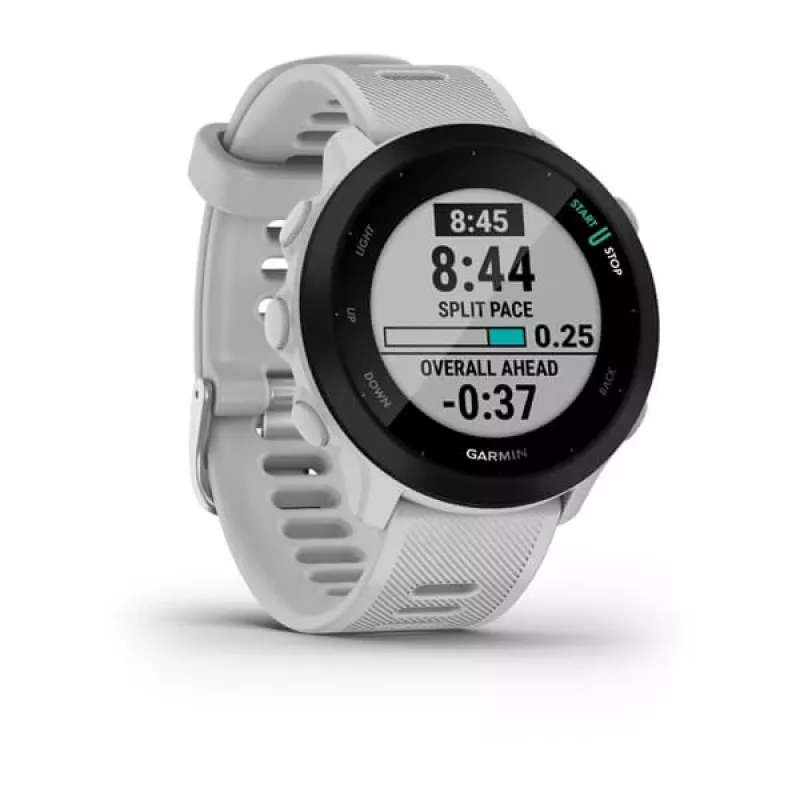 Viedpulkstenis GARMIN Forerunner 55 — 42 mm apaļš sporta pulkstenis, GPS/GLONASS/Galileo, 14 dienu akumulators, 5 ATM, balta silikona siksniņa
