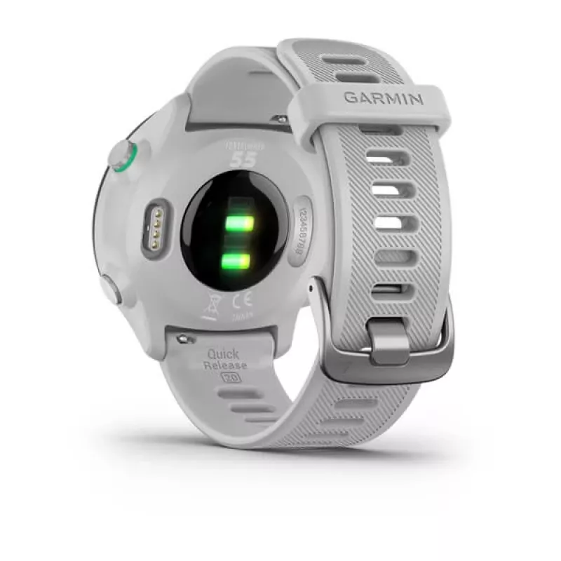 Viedpulkstenis GARMIN Forerunner 55 — 42 mm apaļš sporta pulkstenis, GPS/GLONASS/Galileo, 14 dienu akumulators, 5 ATM, balta silikona siksniņa