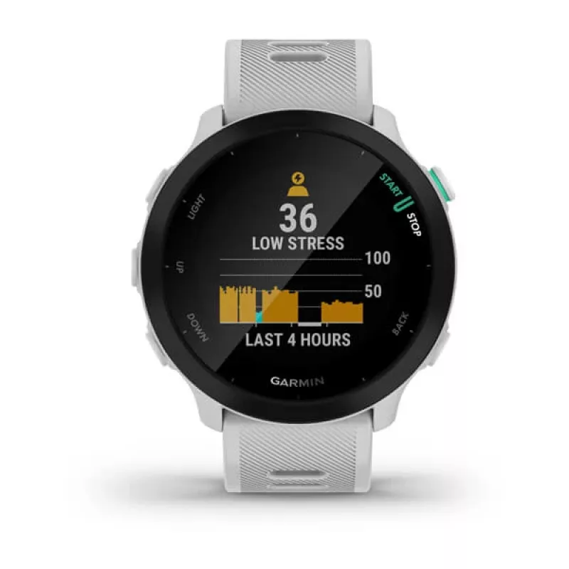 Viedpulkstenis GARMIN Forerunner 55 — 42 mm apaļš sporta pulkstenis, GPS/GLONASS/Galileo, 14 dienu akumulators, 5 ATM, balta silikona siksniņa