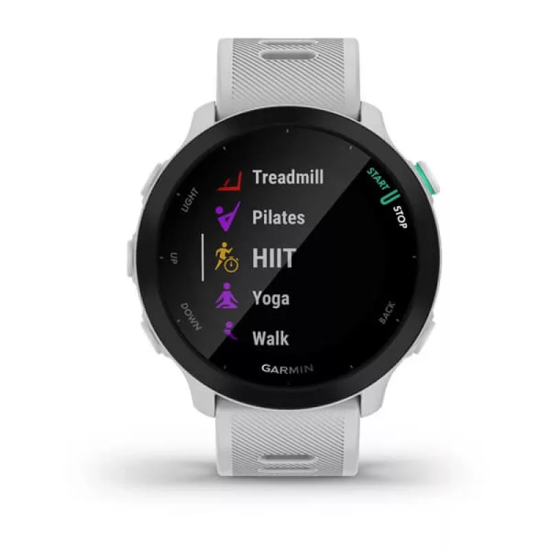 Viedpulkstenis GARMIN Forerunner 55 — 42 mm apaļš sporta pulkstenis, GPS/GLONASS/Galileo, 14 dienu akumulators, 5 ATM, balta silikona siksniņa