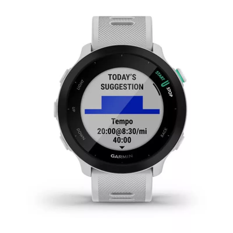 Viedpulkstenis GARMIN Forerunner 55 — 42 mm apaļš sporta pulkstenis, GPS/GLONASS/Galileo, 14 dienu akumulators, 5 ATM, balta silikona siksniņa