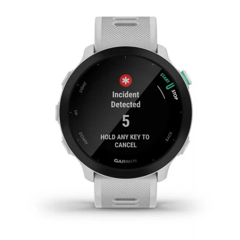 Viedpulkstenis GARMIN Forerunner 55 — 42 mm apaļš sporta pulkstenis, GPS/GLONASS/Galileo, 14 dienu akumulators, 5 ATM, balta silikona siksniņa