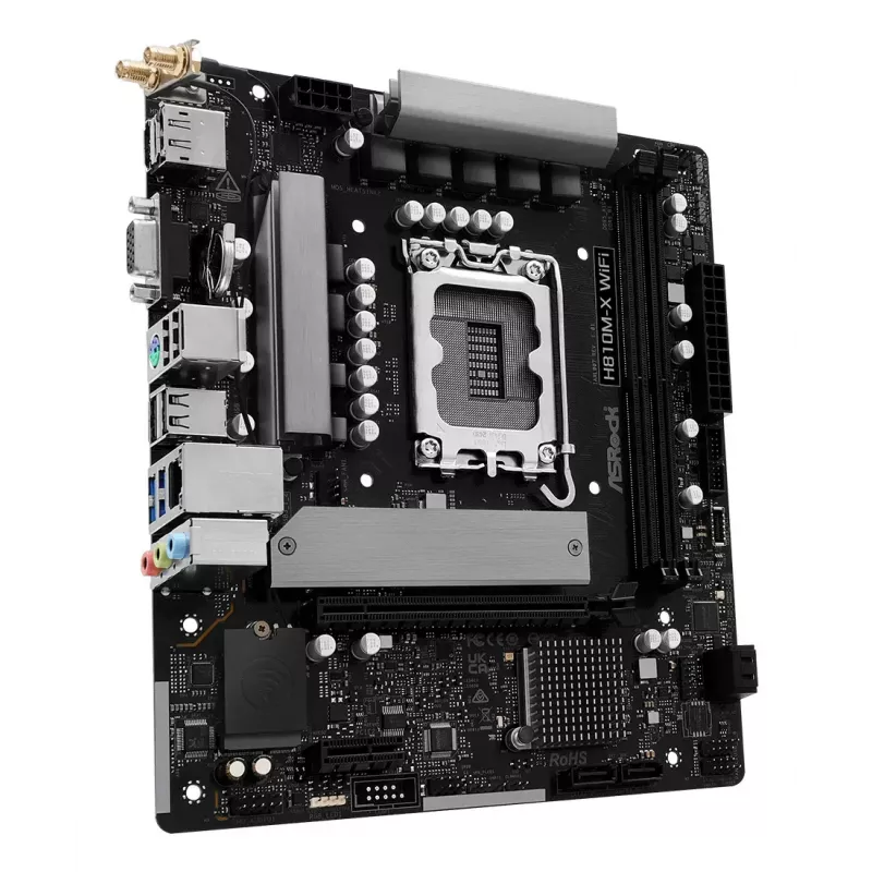 Mātesplate ASRock H810M-X WiFi — Intel H810, LGA 1851, microATX, DDR5, 2 DIMM, 128 GB, Wi‑Fi 5, 2.5Gb LAN, M.2, SATA III