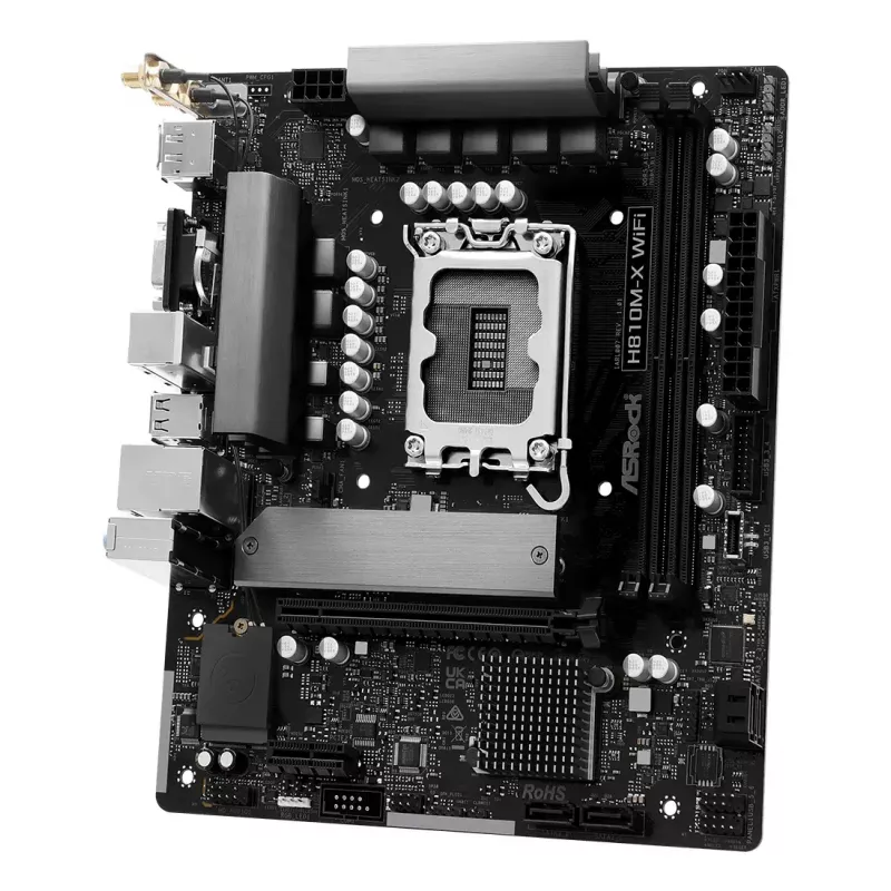 Mātesplate ASRock H810M-X WiFi — Intel H810, LGA 1851, microATX, DDR5, 2 DIMM, 128 GB, Wi‑Fi 5, 2.5Gb LAN, M.2, SATA III