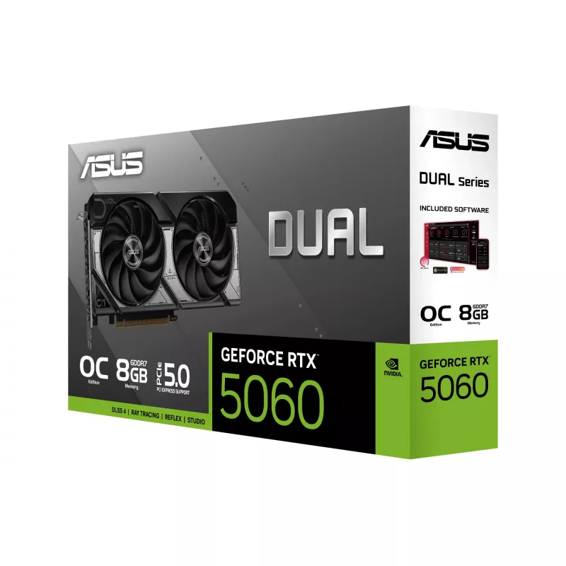 Grafikas karte ASUS GeForce RTX 5060 — 8 GB GDDR7, 128 bitu, PCIe 5.0, DisplayPort 2.1b x3, HDMI 2.1b