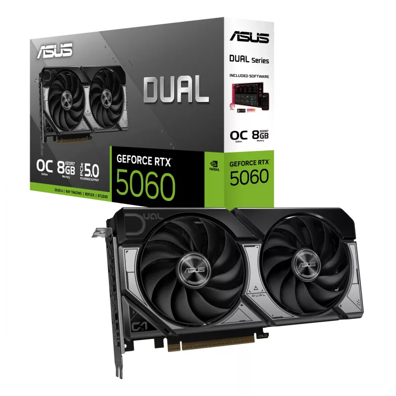 Grafikas karte ASUS GeForce RTX 5060 — 8 GB GDDR7, 128 bitu, PCIe 5.0, DisplayPort 2.1b x3, HDMI 2.1b
