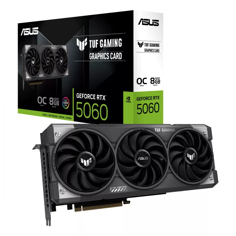 Grafikas karte ASUS GeForce RTX 5060 8 GB GDDR7 PCIe 5.0, 3840 CUDA, OC, 3x DisplayPort 2.1b + HDMI 2.1b, 302 mm, 3-slot