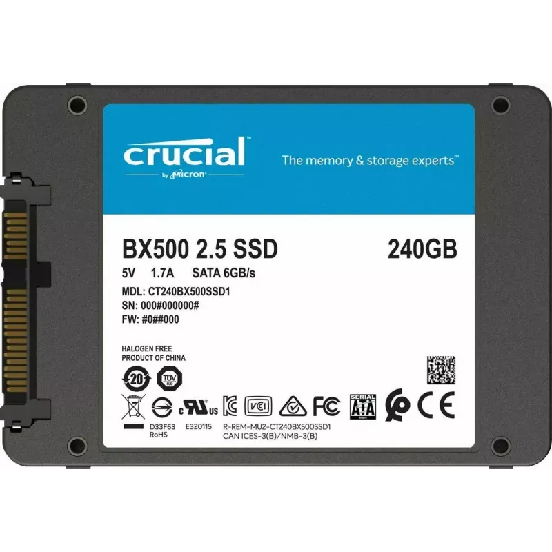 CRUCIAL BX500 240GB SSD, 2.5” 7mm, SATA 6 Gb/s, lasīšana/rakstīšana: 540 / 500 MB/s