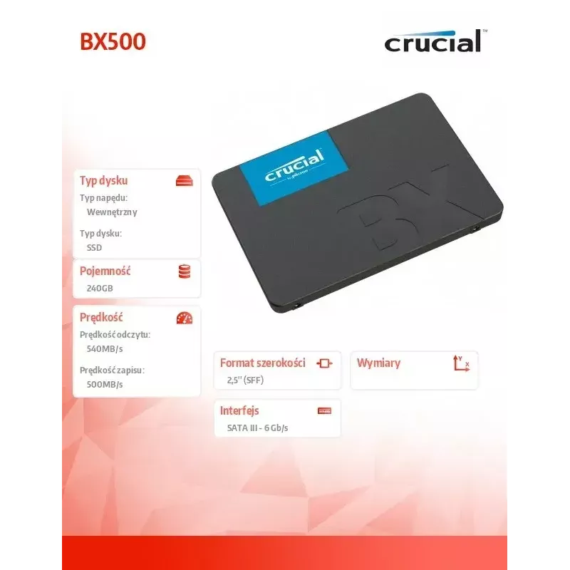 CRUCIAL BX500 240GB SSD, 2.5” 7mm, SATA 6 Gb/s, lasīšana/rakstīšana: 540 / 500 MB/s