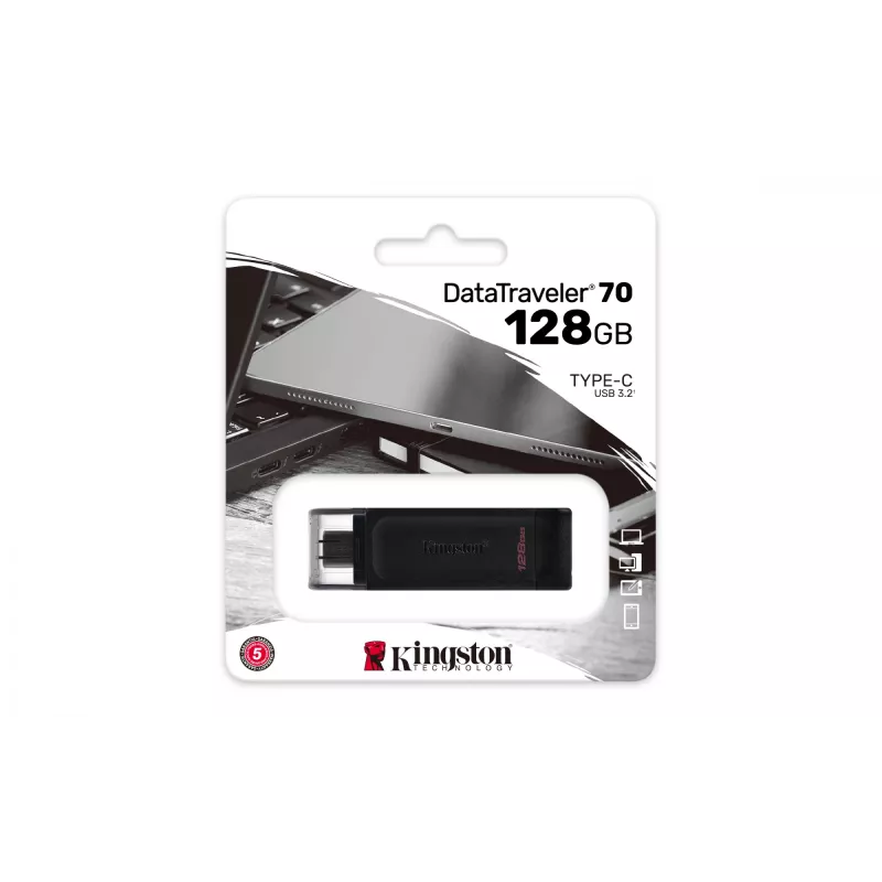 Kingston Technology DataTraveler 128GB USB-C 3.2 Gen 1 70, 128 GB, USB Type-C, 3.2 Gen 1 (3.1 Gen 1), Vāciņš, 7 g, Melns