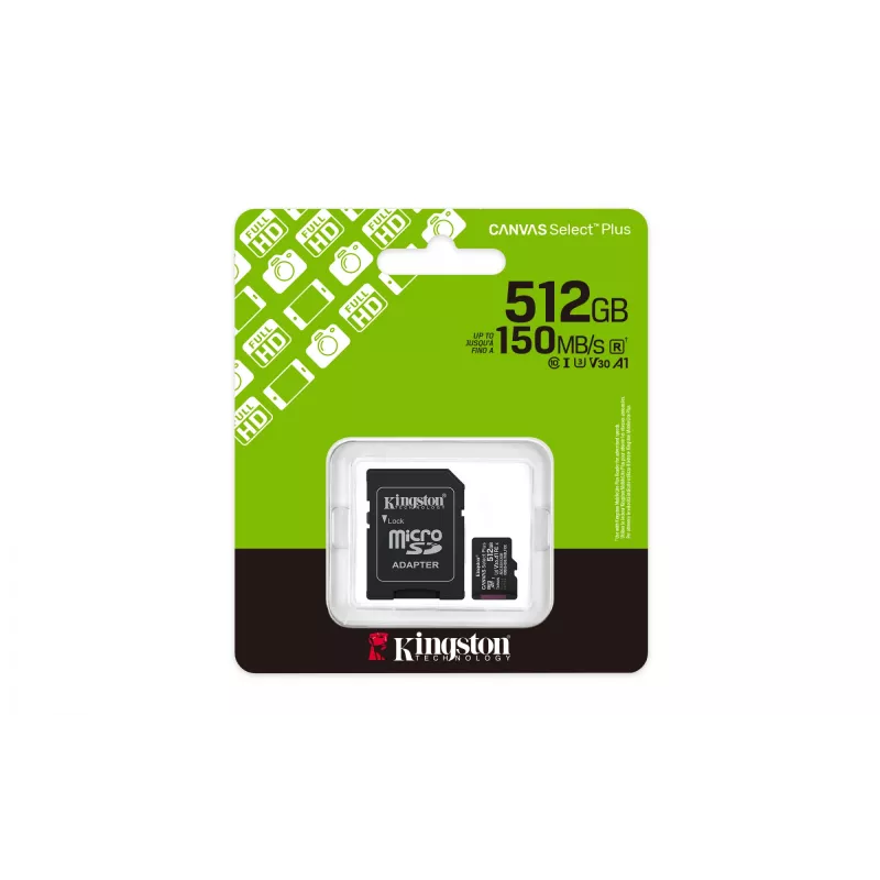 Kingston Technology 512 GB microSDXC Canvas Select Plus Gen3 150 MB/s A1 karte + adapteris