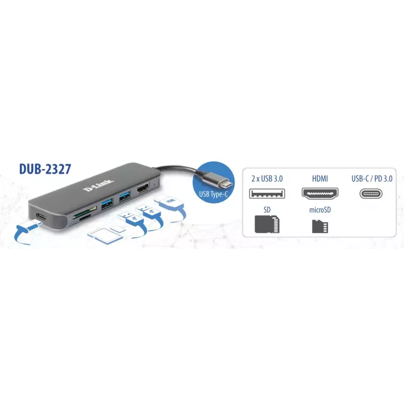 D-Link 6-in-1 USB-C centrmezgls ar HDMI/karšu lasītāju/barošanas padevi