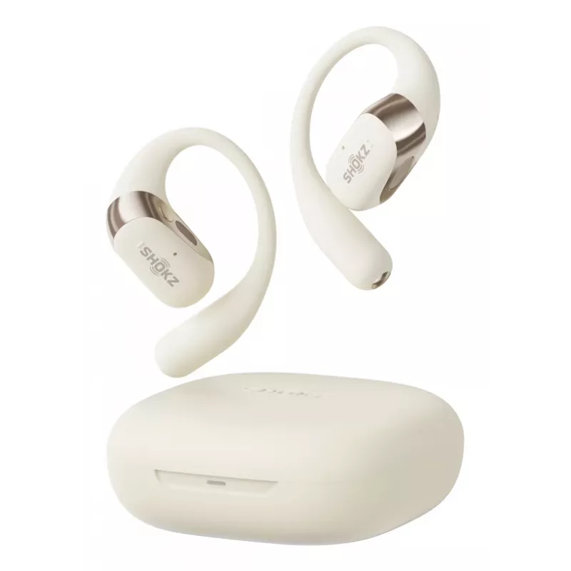 Atvērtās auss bezvadu austiņas Shokz OpenFit 2 — Bluetooth 5.4, IP55, kaulu vadītspēja, 11 h atskaņošana (48 h ar maciņu), USB‑C, smilškrāsā