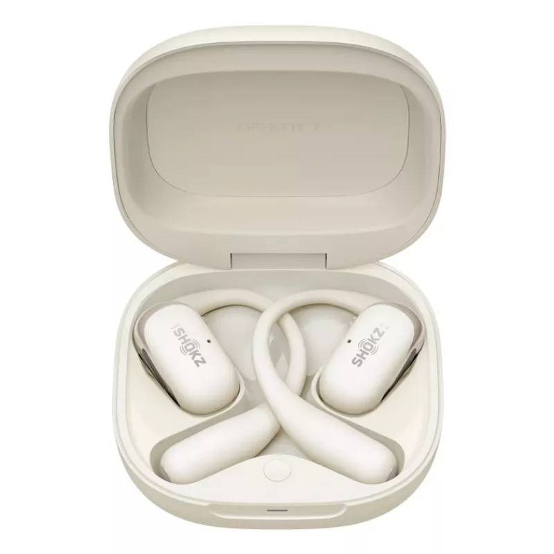 Atvērtās auss bezvadu austiņas Shokz OpenFit 2 — Bluetooth 5.4, IP55, kaulu vadītspēja, 11 h atskaņošana (48 h ar maciņu), USB‑C, smilškrāsā