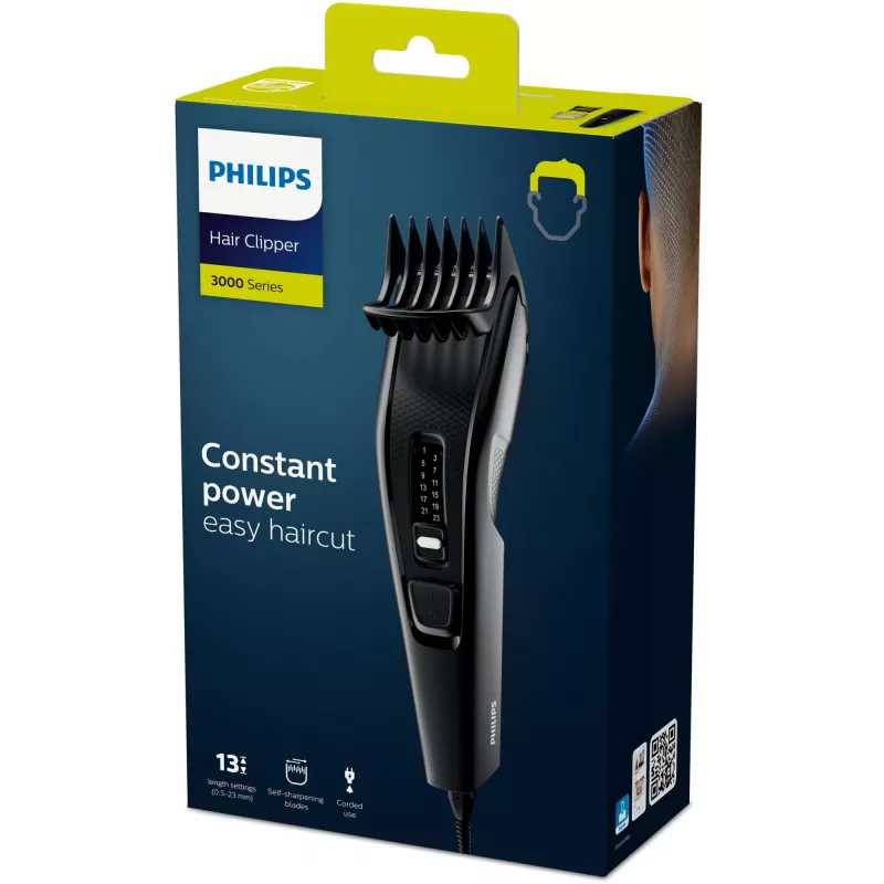 Matu griežamā mašīnīte Philips 3000 series HC3510/15 melna — nerūsējošā tērauda asmeņi, 0,5 mm līdz 23 mm, 13 garuma soļi