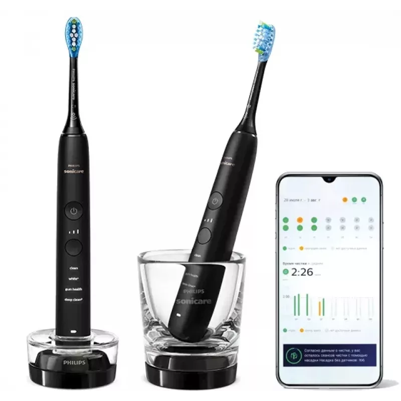 Sonic electric toothbrush Philips DiamondClean 9000 HX9914/54, 2 handles, 5 modes, Melns, Bluetooth, 1 charger