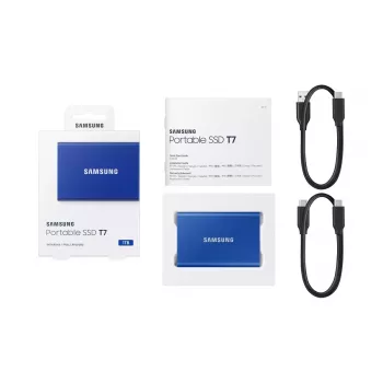 Ārējais SSD Samsung T7 Portable 1 TB, USB-C 3.2 Gen 2, NVMe, AES-256 aparatūras šifrēšana, zils