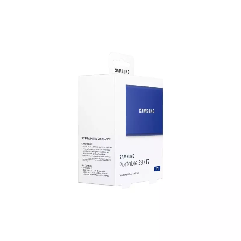 Ārējais SSD Samsung T7 Portable 1 TB, USB-C 3.2 Gen 2, NVMe, AES-256 aparatūras šifrēšana, zils