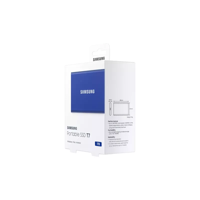 Ārējais SSD Samsung T7 Portable 1 TB, USB-C 3.2 Gen 2, NVMe, AES-256 aparatūras šifrēšana, zils