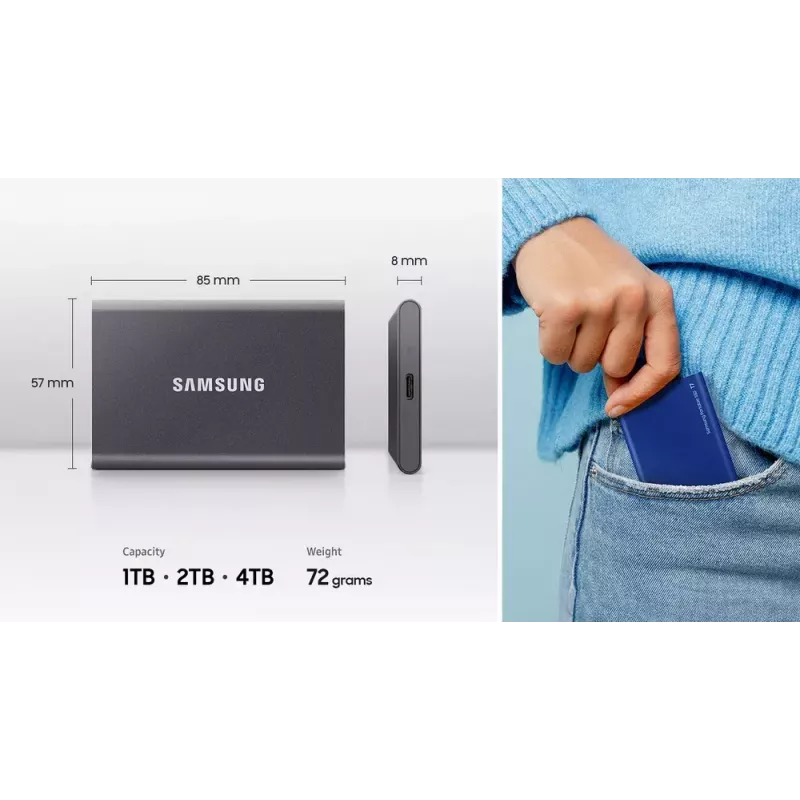 Ārējais SSD Samsung T7 Portable 1 TB, USB-C 3.2 Gen 2, NVMe, AES-256 aparatūras šifrēšana, zils