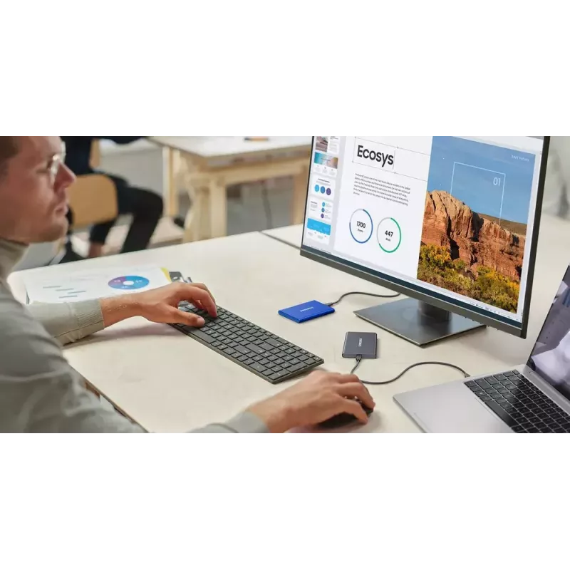 Ārējais SSD Samsung T7 Portable 1 TB, USB-C 3.2 Gen 2, NVMe, AES-256 aparatūras šifrēšana, zils