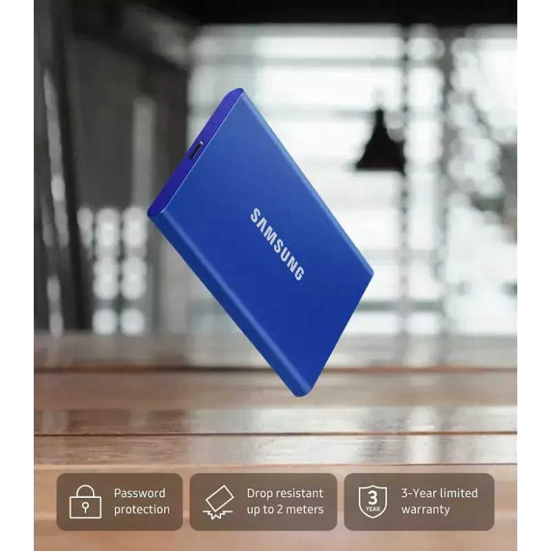 Ārējais SSD Samsung T7 Portable 1 TB, USB-C 3.2 Gen 2, NVMe, AES-256 aparatūras šifrēšana, zils