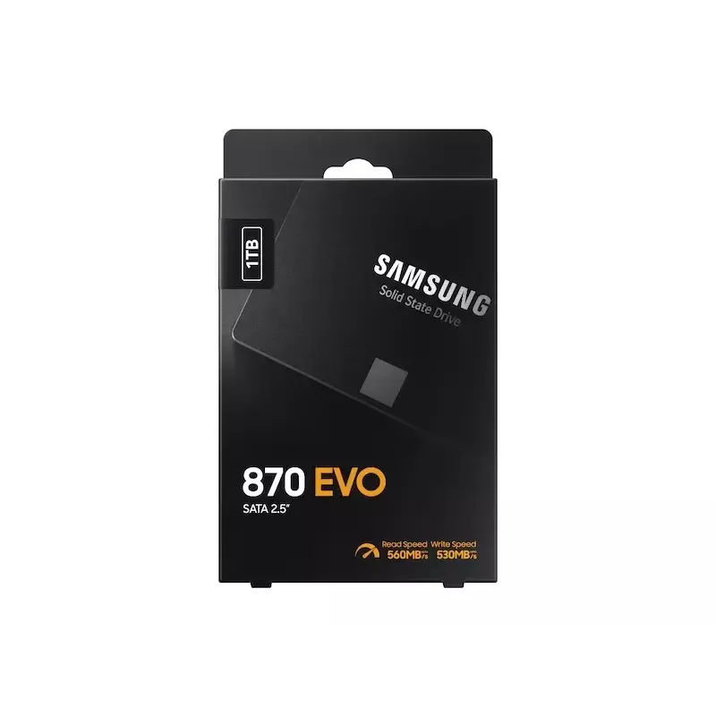SSD 2.5 collu Samsung 870 EVO 1000 GB — SATA III, lasīšana 560 MB/s, rakstīšana 530 MB/s, melns