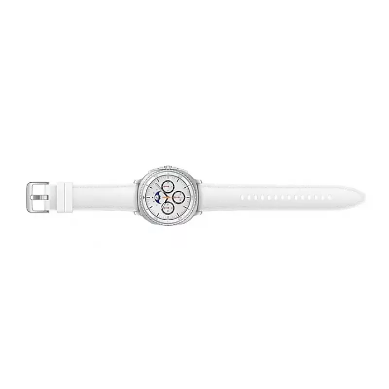 Viedpulkstenis Samsung Galaxy Watch 8 Classic 46 mm — 1,3 collu AMOLED, 438×438, 64 GB, Wi‑Fi, GPS, Sudraba korpuss, Balta siksniņa