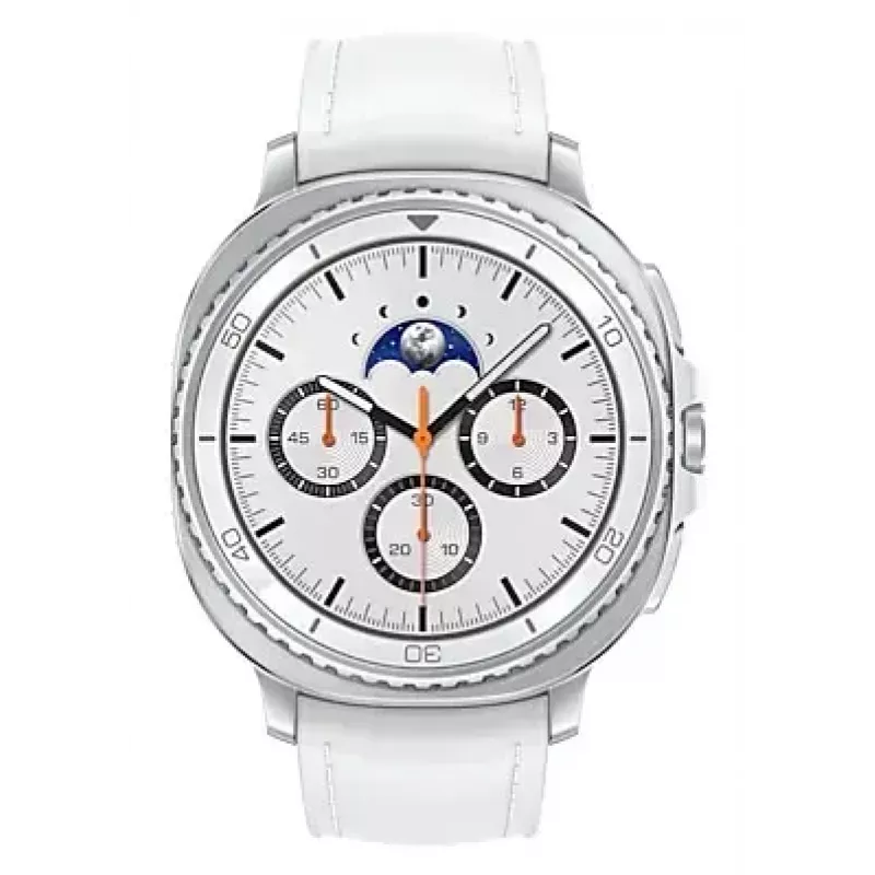Viedpulkstenis Samsung Galaxy Watch 8 Classic 46 mm — 1,3 collu AMOLED, 438×438, 64 GB, Wi‑Fi, GPS, Sudraba korpuss, Balta siksniņa